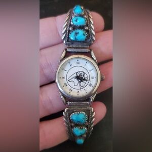 Sterling Turquoise Bear Watch Signed RB